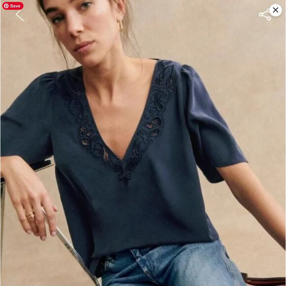 Sezane Women's Navy Minara Embroidered V-Neck Silk Short Sleeve Blouse, 34, EUC - Picture 2 of 7